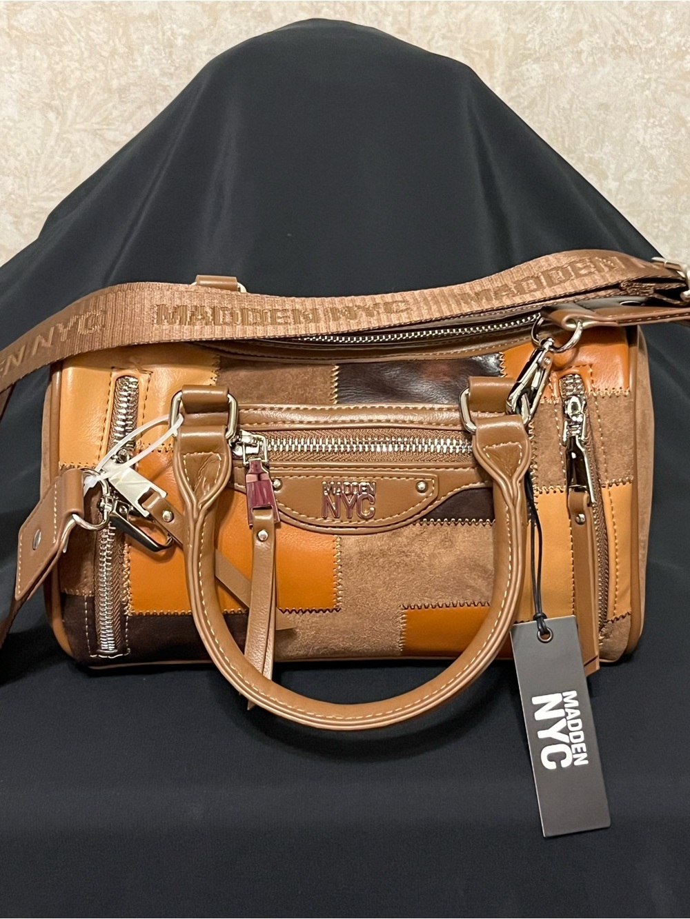 Steve Madden Patchwork Crossbody Satchel in Brown and Tan